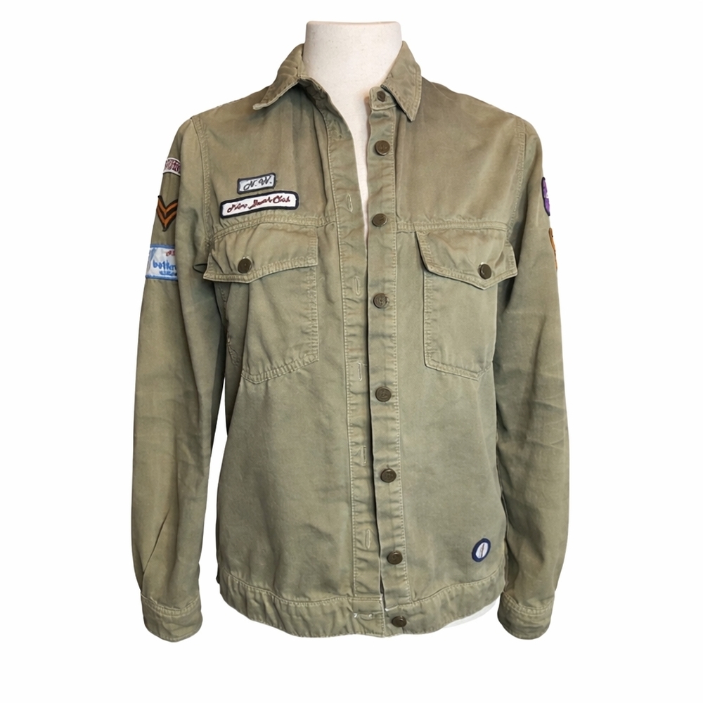 Zara Distressed Military Jacket Patchwork Utility Shacket Green XS